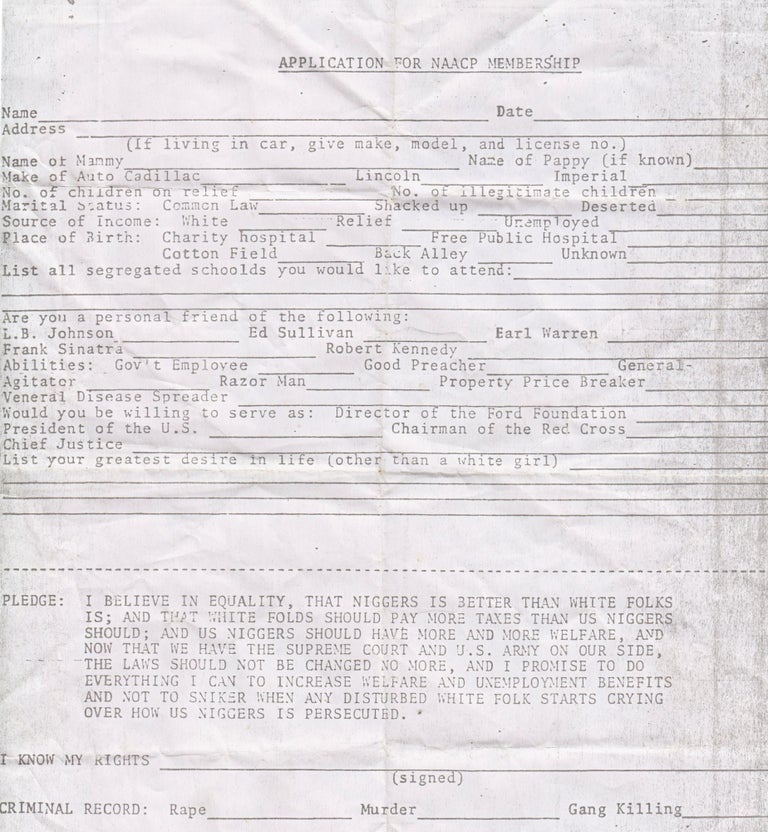 Item #1050 [Hate][African-Americana]application for NAACP Membership.