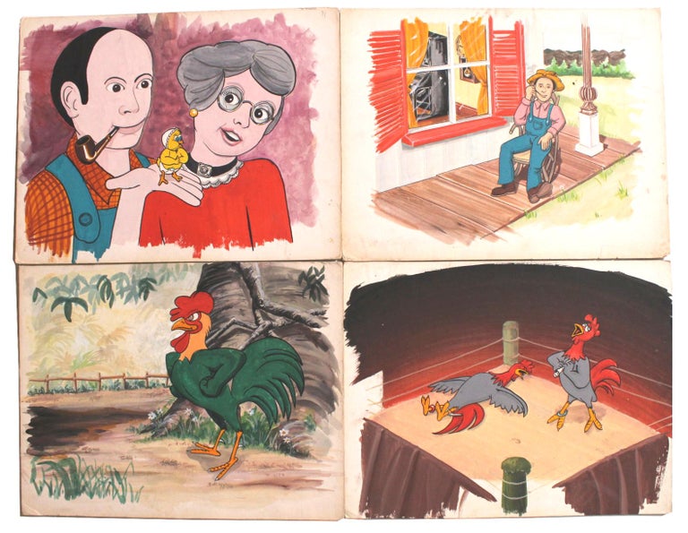 Item #4516 Eight Cartoon Storyboards Mostly Featuring Anthropomorphic Roosters or Chickens.