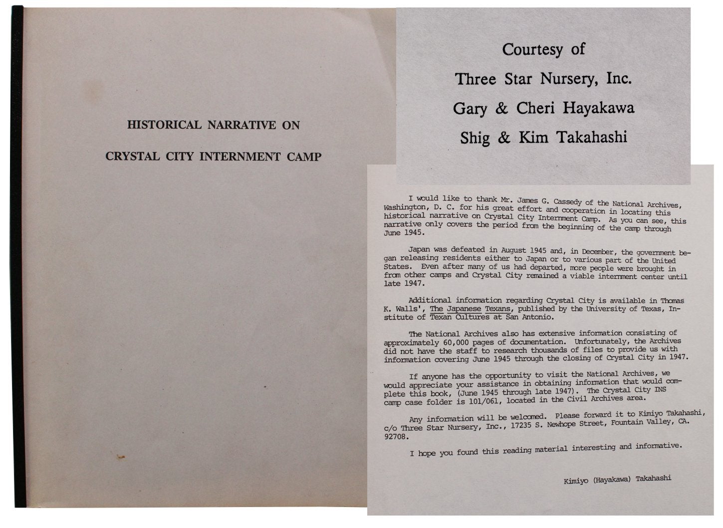 Historical Narrative On Crystal City Internment Camp. [Cover title. Kimiyo Takahashi, Hayakawa, compiler.