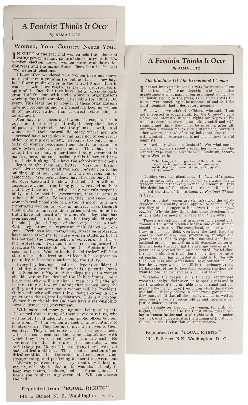 Two Handbills of Articles on Feminism and Equal Rights for Women. Alma Lutz.