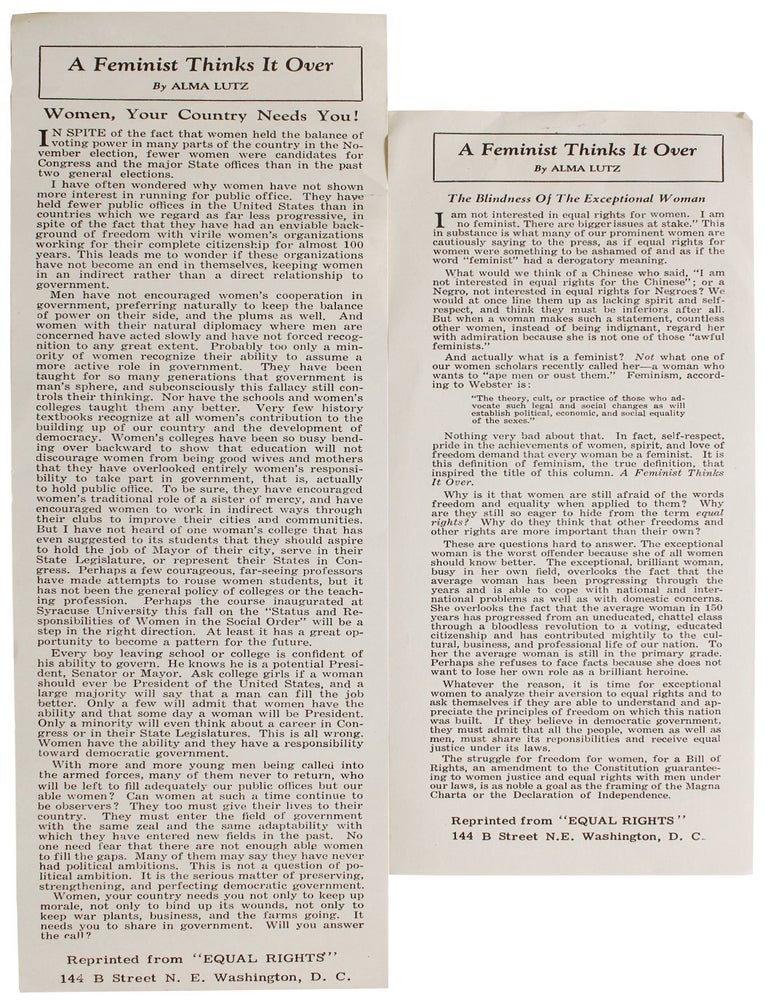 Item #8330 [Two Handbills of Articles on Feminism and Equal Rights for Women]. Alma Lutz.