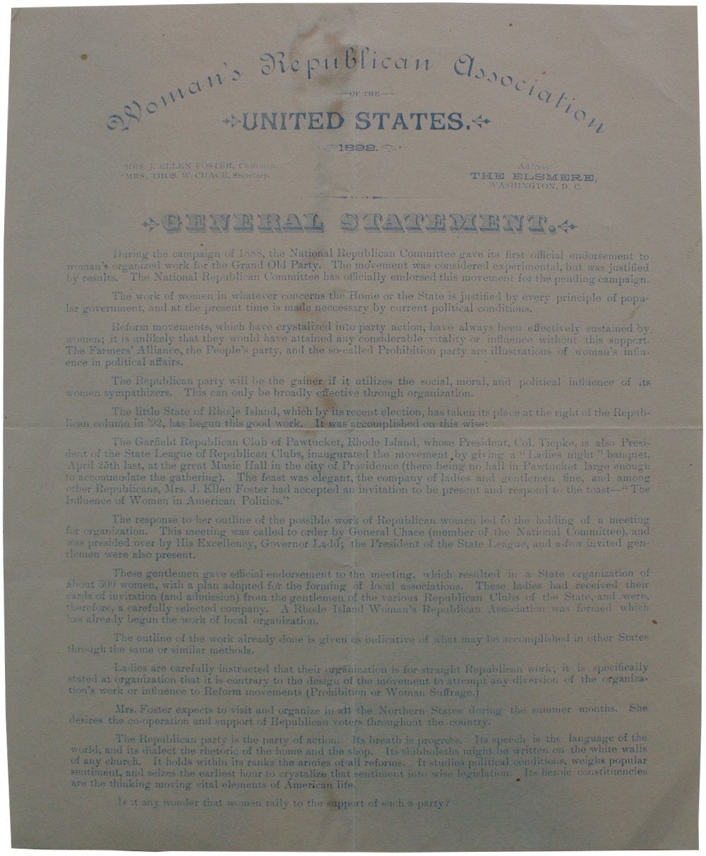 Foster, Mrs. J. Ellen; Chace, Mrs. Thos. W. General Statement [Caption title