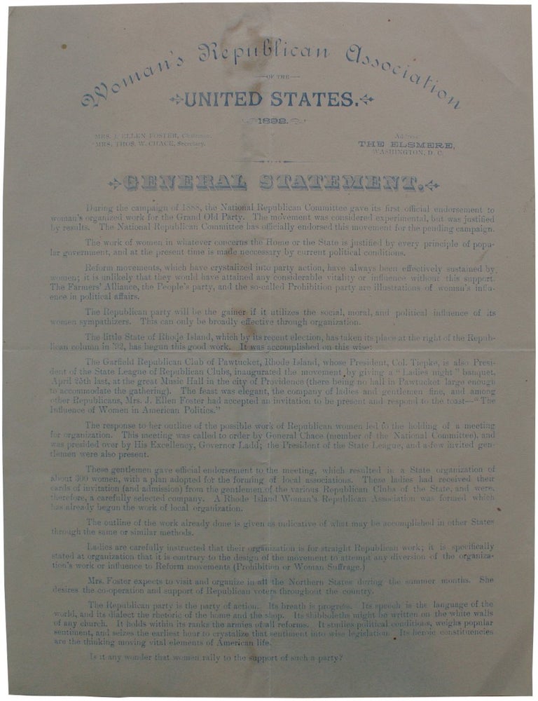 Item #8860 Foster, Mrs. J. Ellen; Chace, Mrs. Thos. W. General Statement [Caption title].